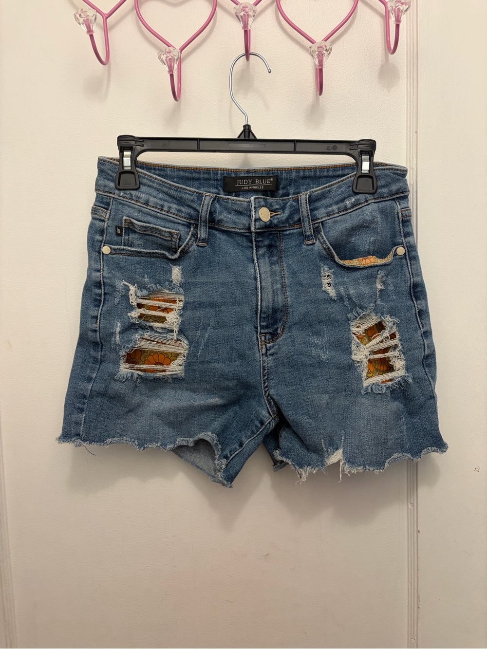 Judy Blue Blue Distressed Denim Shorts with Floral Patch Inset